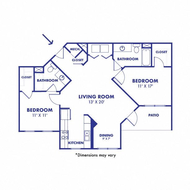 Floor plan for 2 beds, 2 baths, 967 sqft