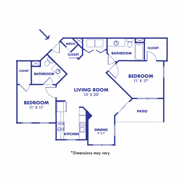 Floor plan for 2 beds, 2 baths, 981 sqft