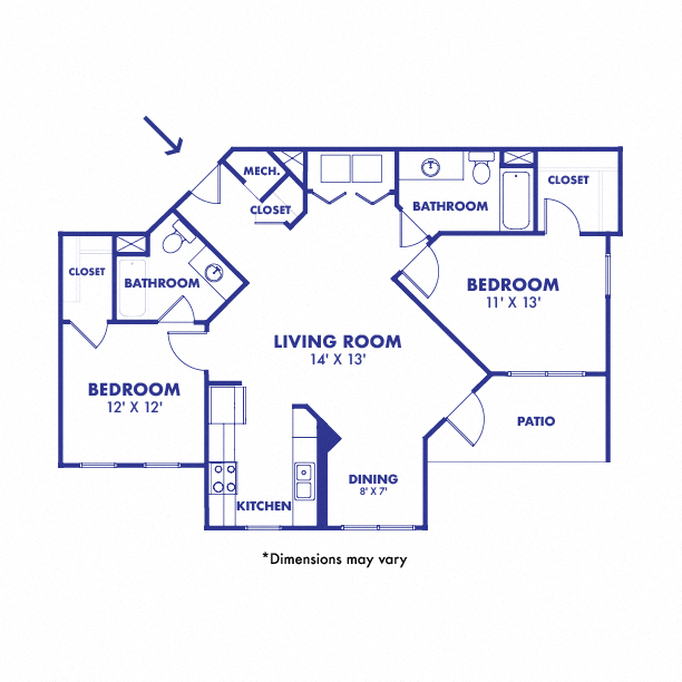 Floor plan for 2 beds, 2 baths, 977 sqft