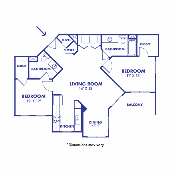 Floor plan for 2 beds, 2 baths, 991 sqft