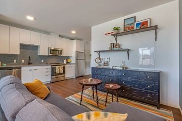 Boston apartment for rent - a living room with a couch and a kitchen with a sink