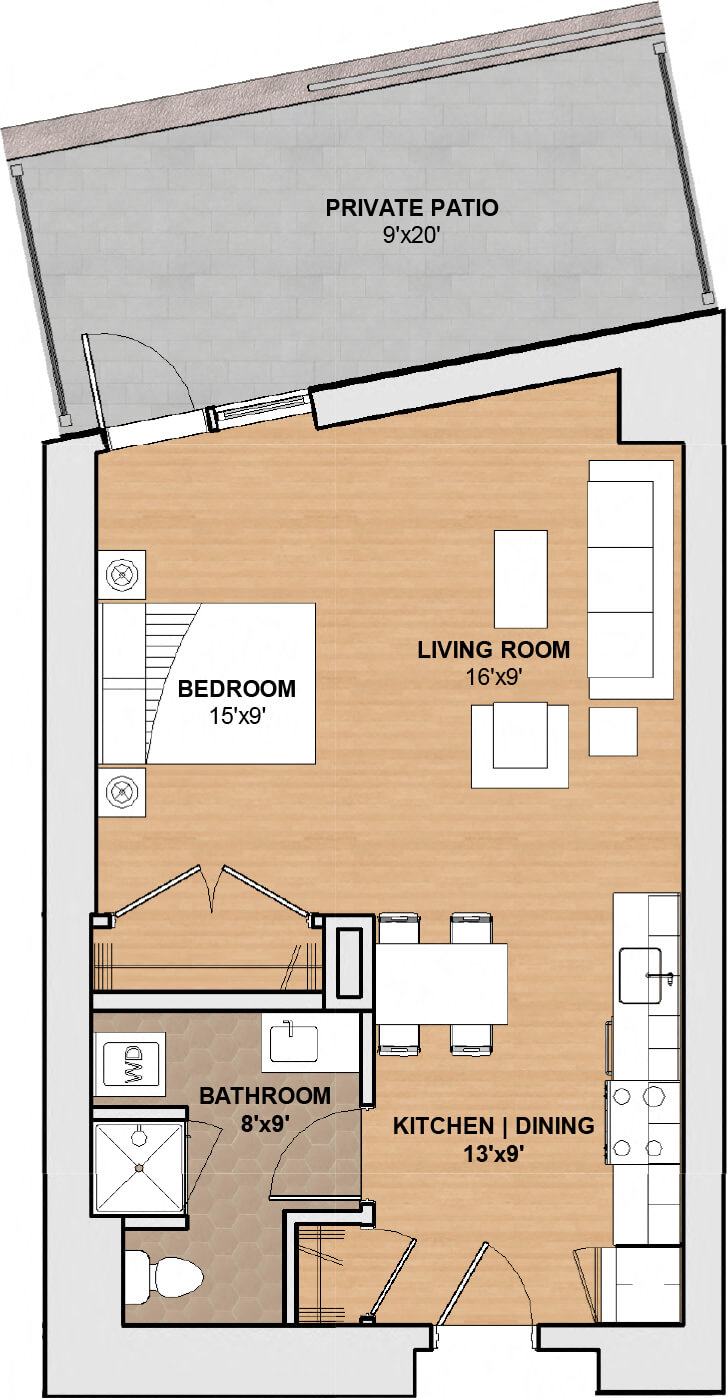 Floor plan for studio, 1 bath, 602 sqft