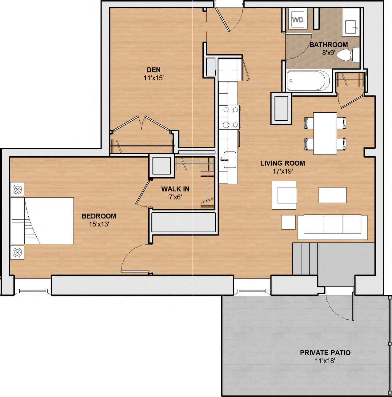 Floor plan for 1 bed, 1 bath, 980 sqft