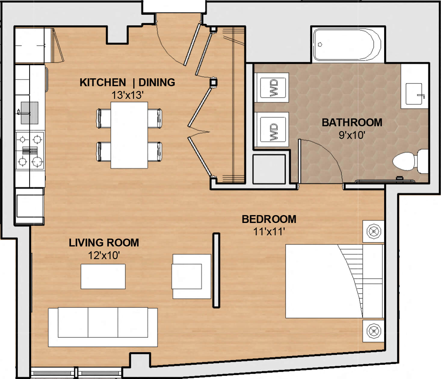 Floor plan for studio, 1 bath, 651 sqft