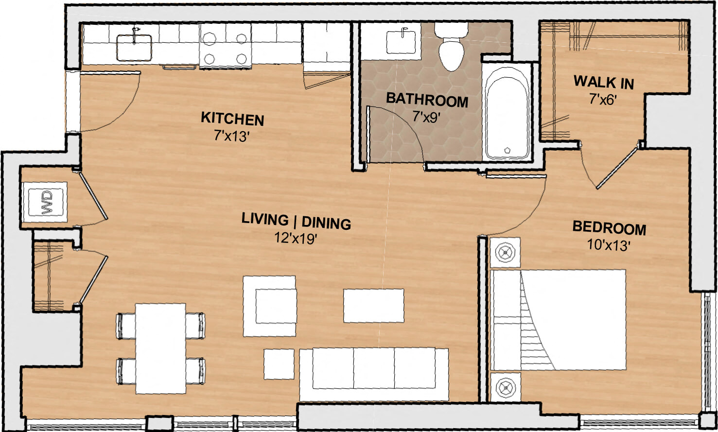 Floor plan for 1 bed, 1 bath, 662 sqft