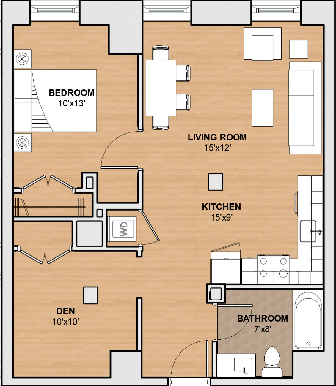 Floor plan for 1 bed, 1 bath, 740 sqft