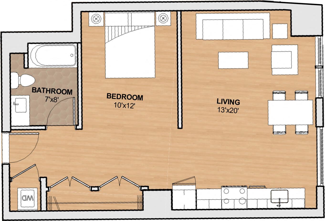 Floor plan for studio, 1 bath, 630 sqft
