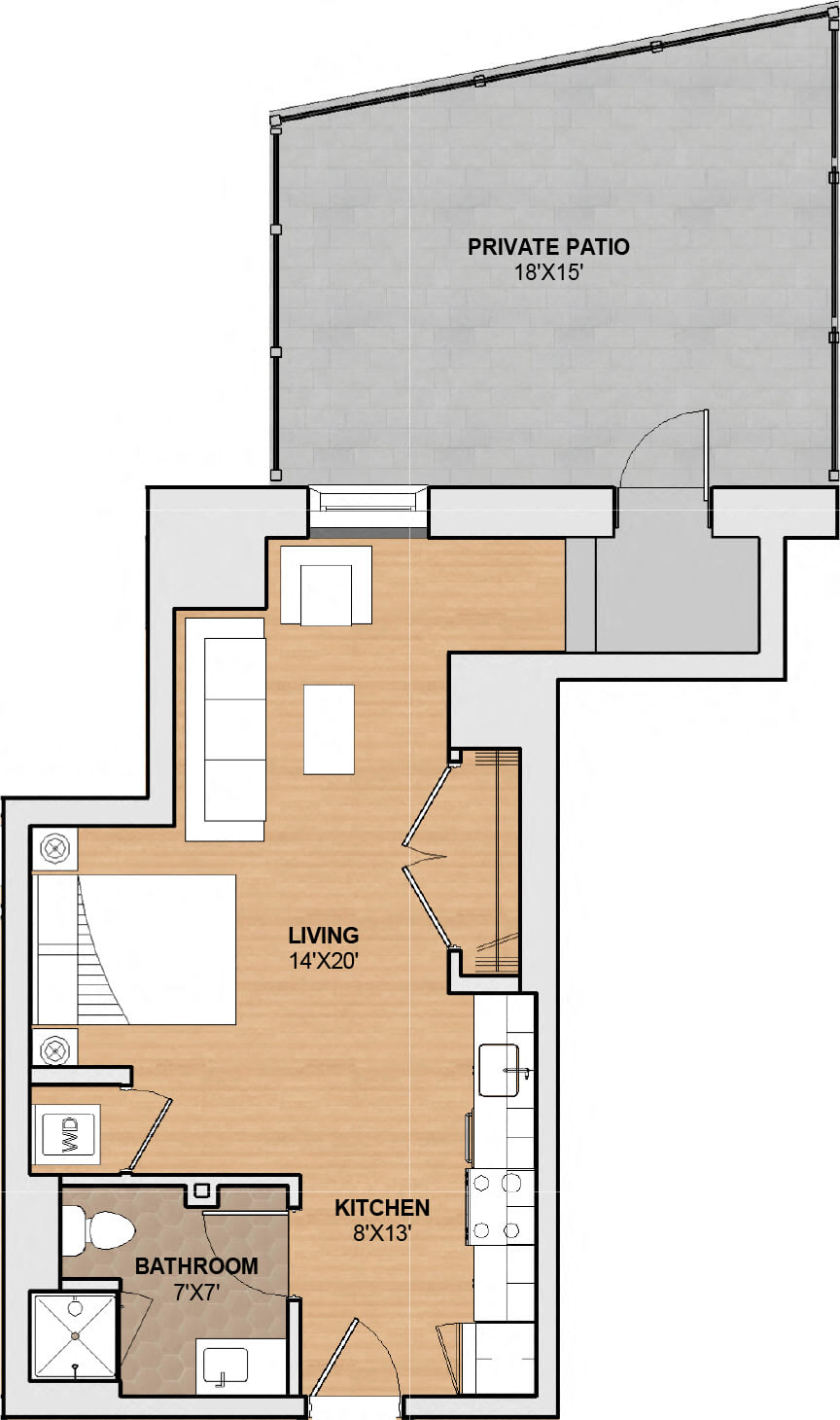 Floor plan for studio, 1 bath, 491 sqft
