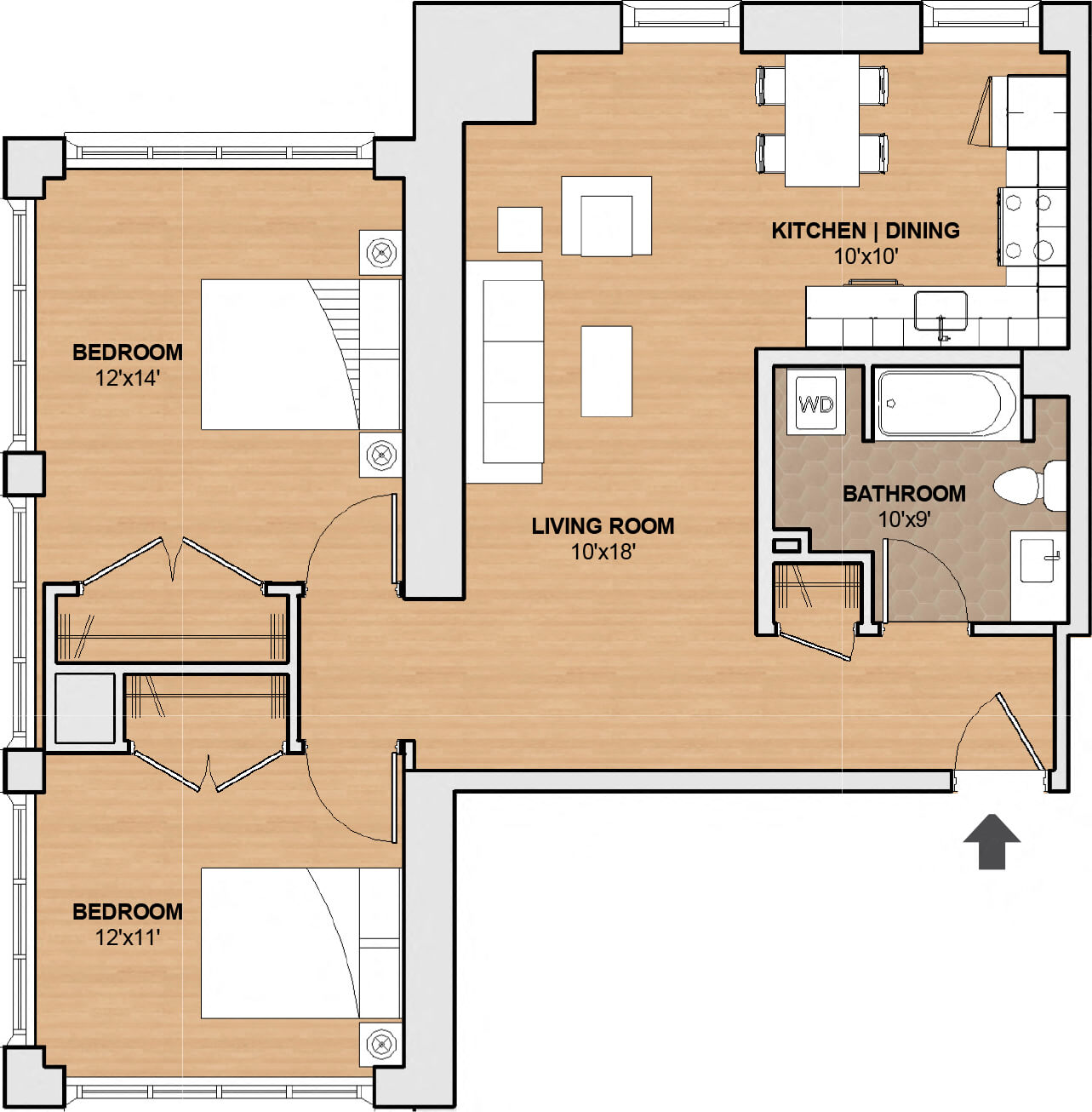 Floor plan for 2 beds, 1 bath, 921 sqft