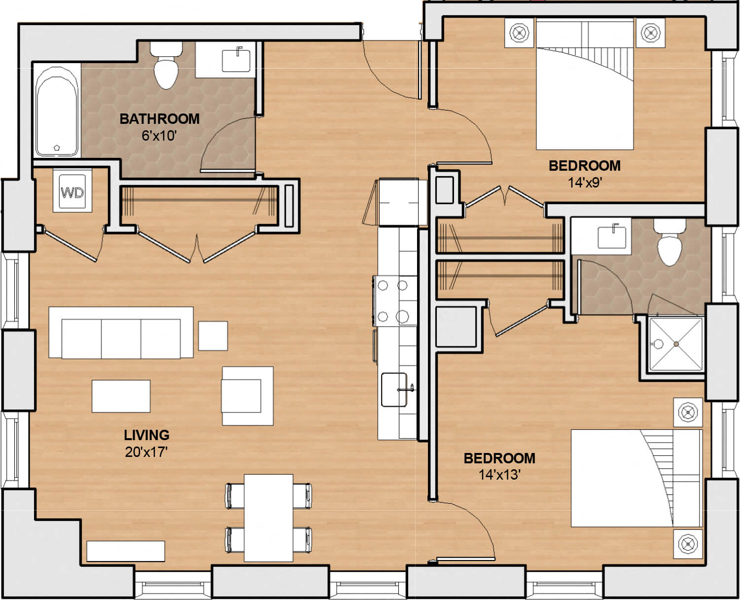 Floor plan for 2 beds, 2 baths, 957 sqft
