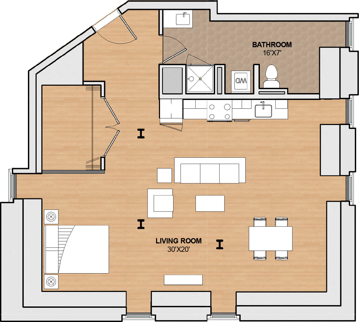 Floor plan for studio, 1 bath, 717 sqft
