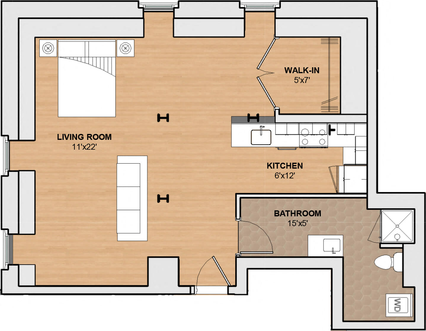 Floor plan for studio, 1 bath, 589 sqft