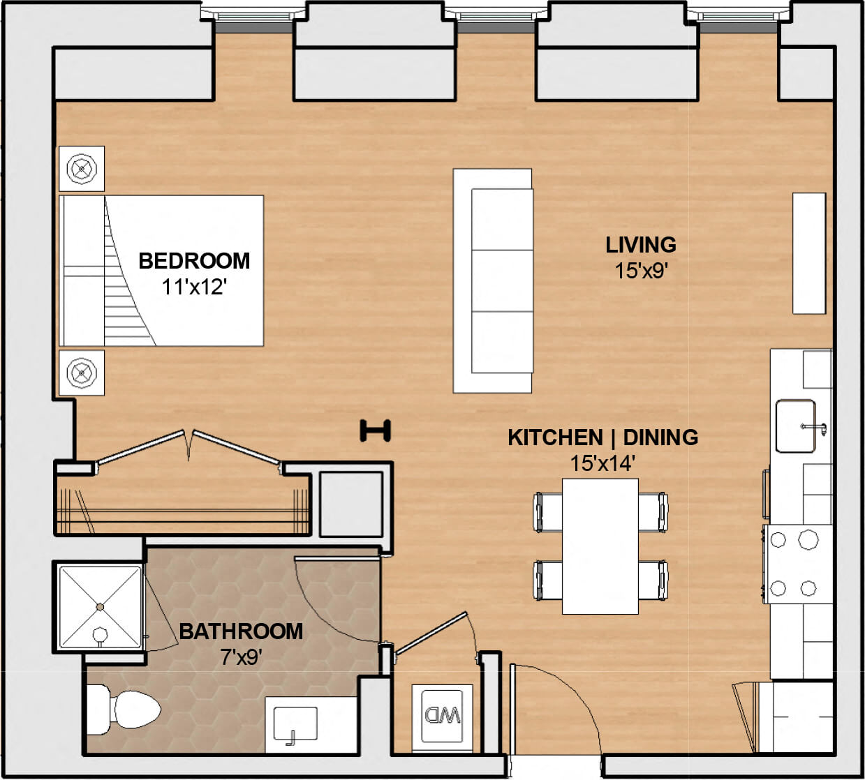 Floor plan for studio, 1 bath, 577 sqft