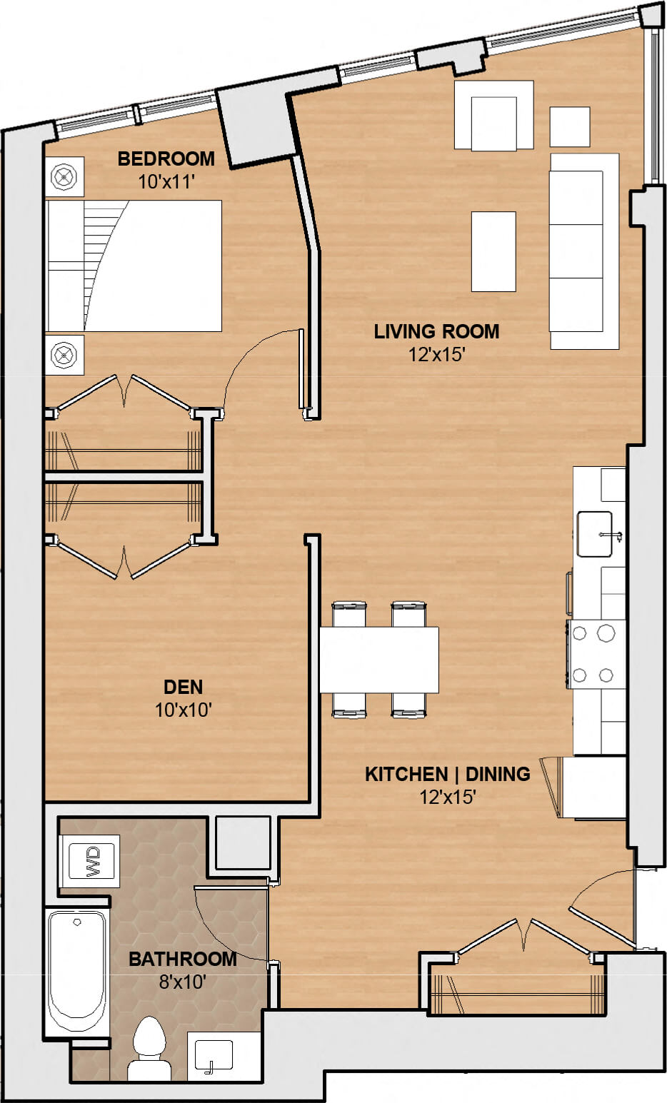 Floor plan for 1 bed, 1 bath, 903 sqft