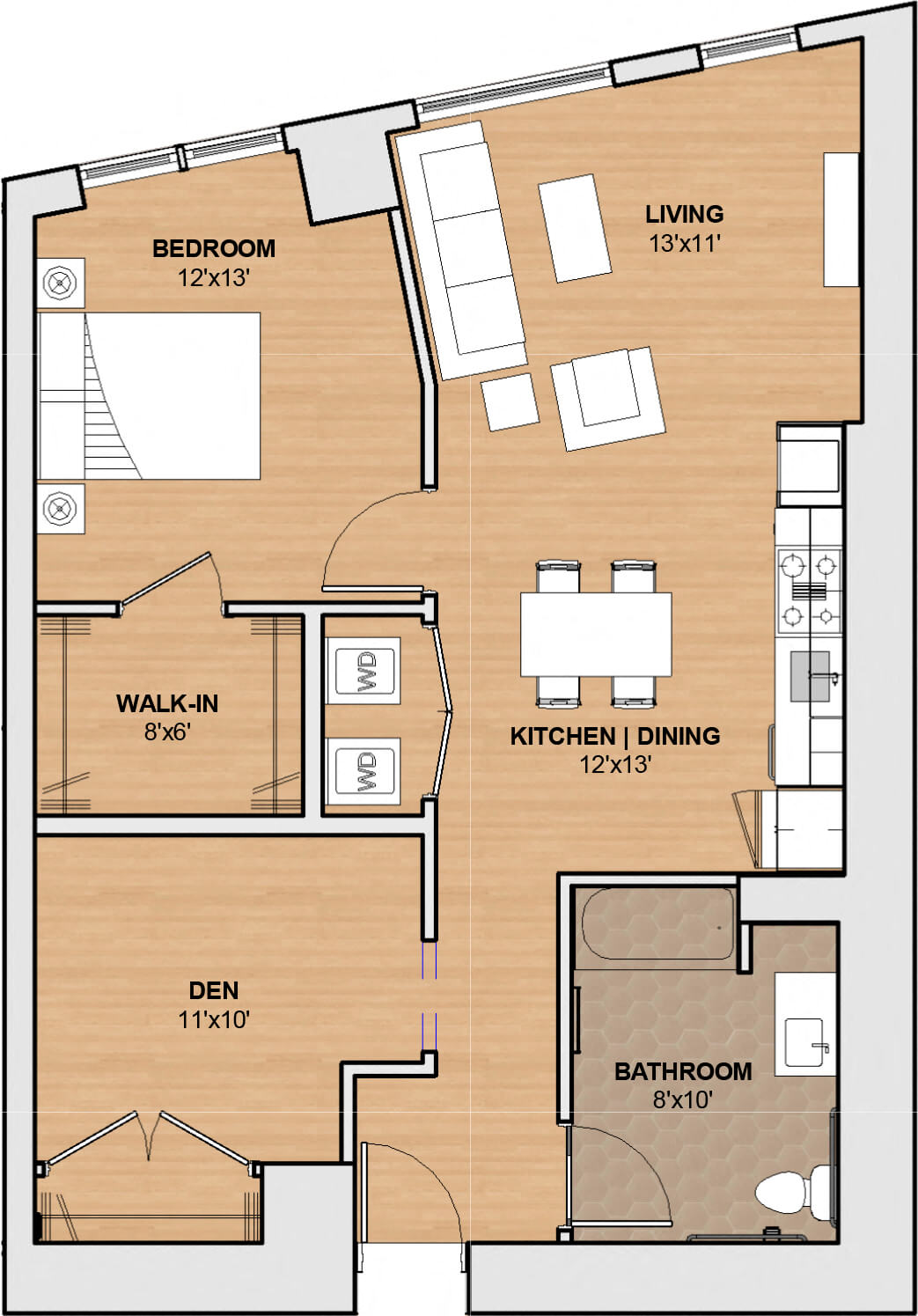 Floor plan for 1 bed, 1 bath, 899 sqft