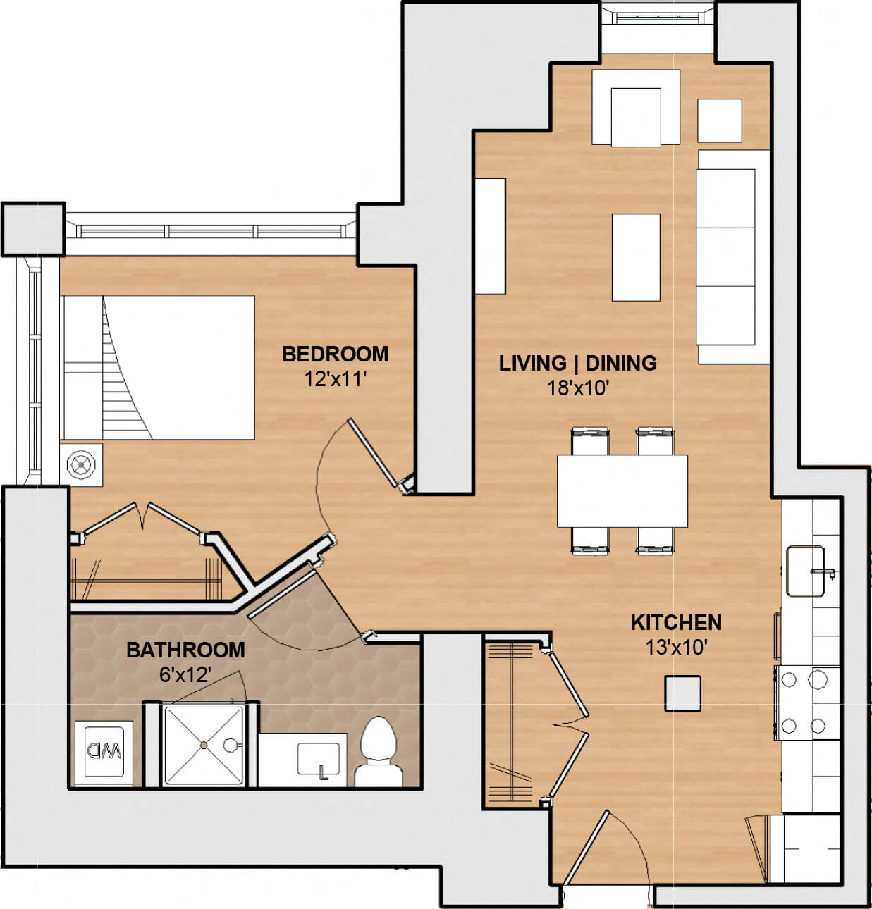 Floor plan for 1 bed, 1 bath, 628 sqft