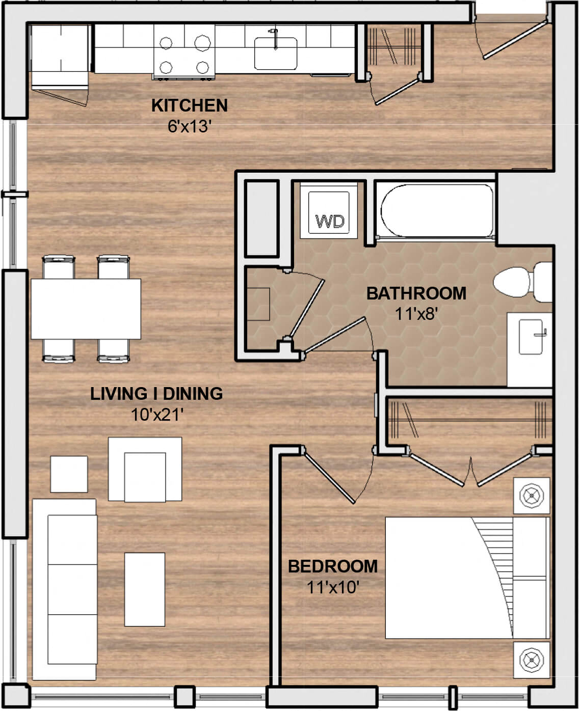 Floor plan for 1 bed, 1 bath, 611 sqft