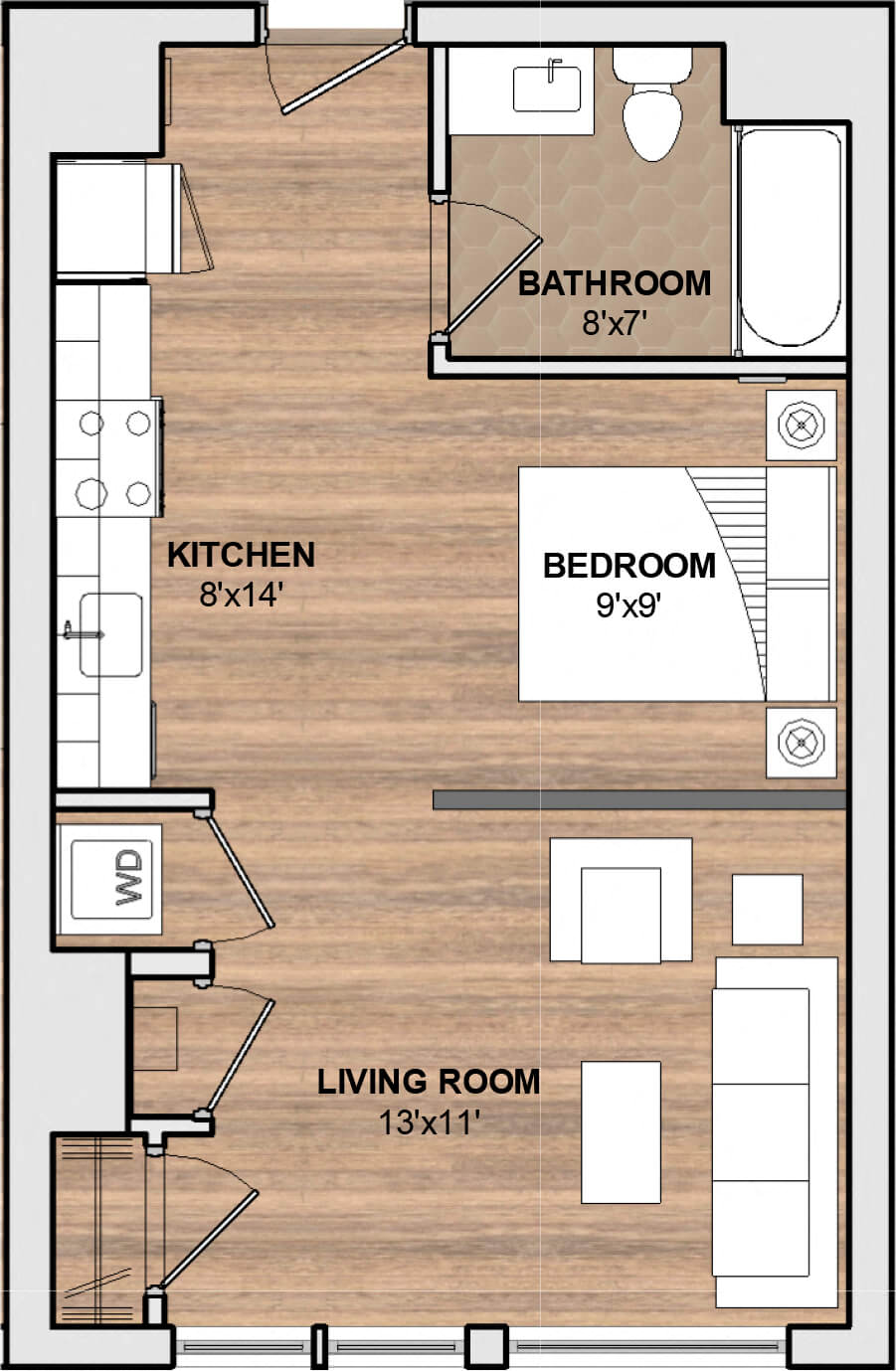 Floor plan for studio, 1 bath, 494 sqft