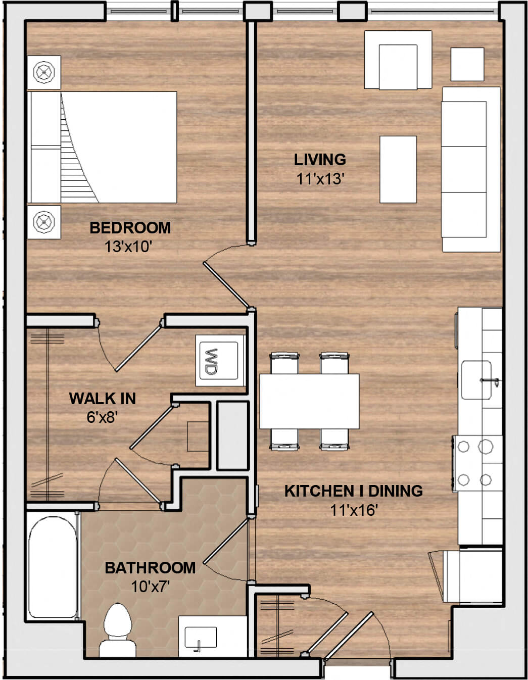 Floor plan for 1 bed, 1 bath, 657 sqft
