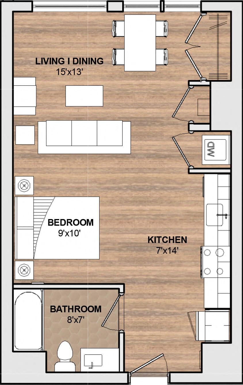Floor plan for studio, 1 bath, 536 sqft