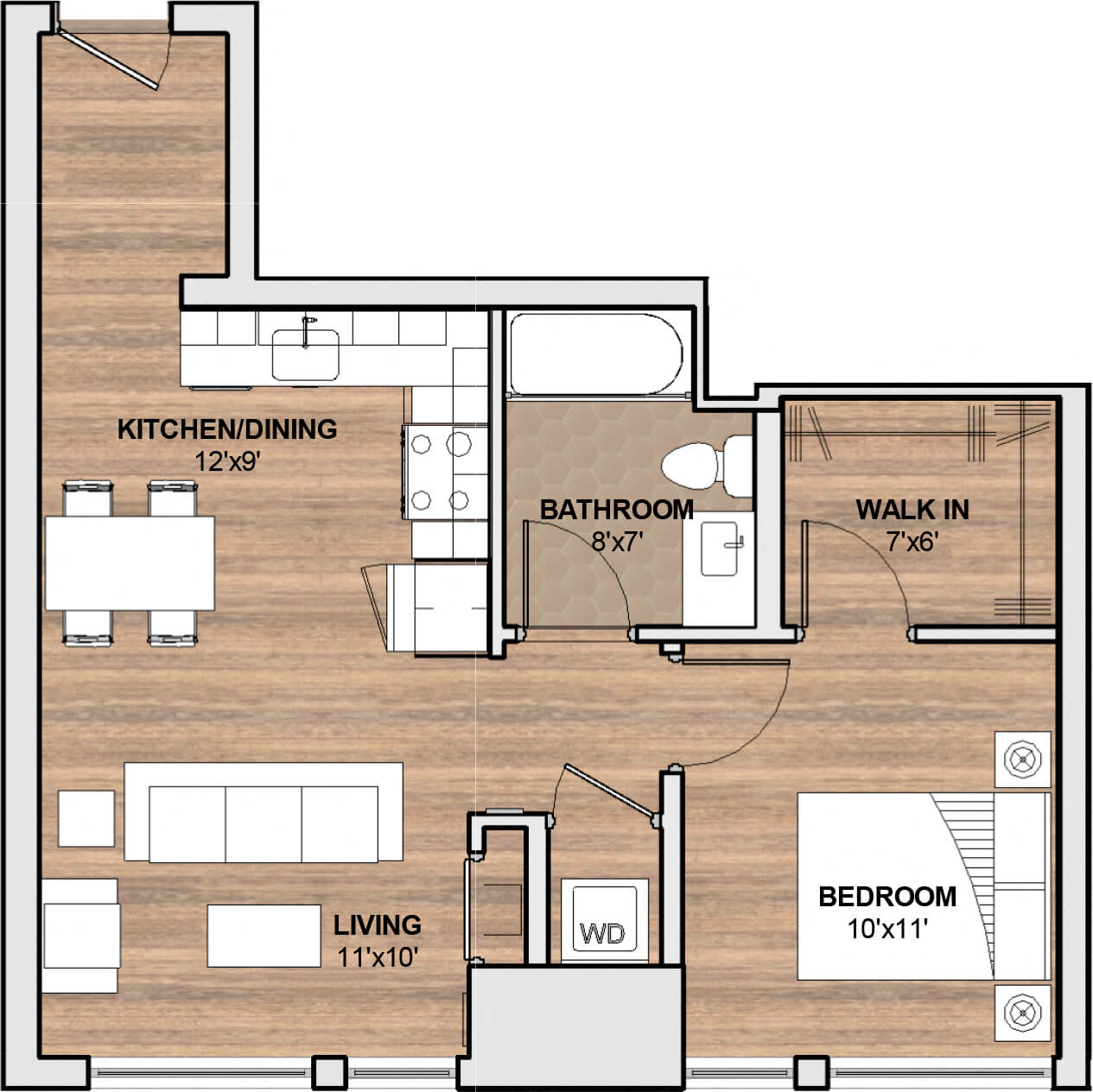 Floor plan for 1 bed, 1 bath, 594 sqft