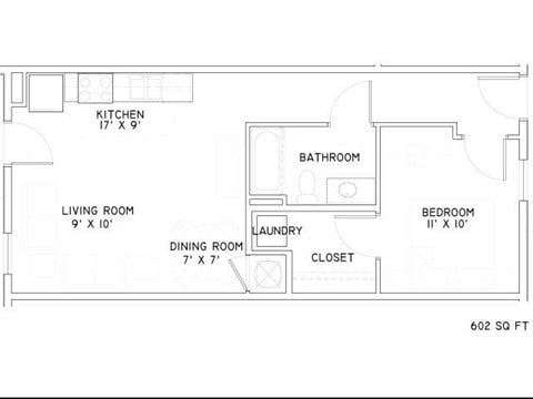 Floor plan for 1 bed, 1 bath, 670 sqft