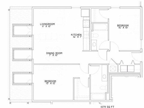 Floor plan for 2 beds, 2 baths, 1079 sqft