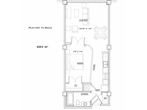 Floor plan for 1 bed, 1 bath, 684 sqft