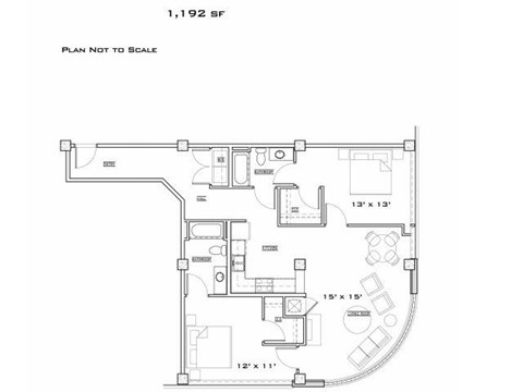 Floor plan for 2 beds, 2 baths, 1345 sqft