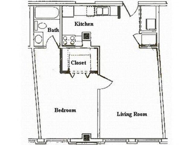 Floor plan for 1 bed, 1 bath, 600 sqft