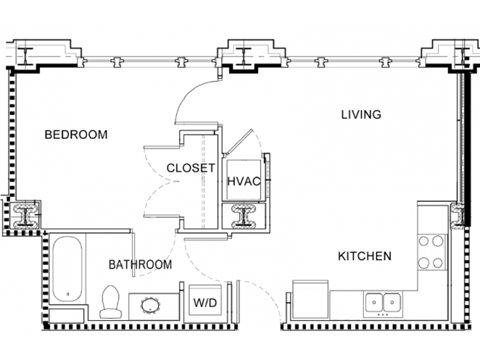 Floor plan for 1 bed, 1 bath, 892 sqft