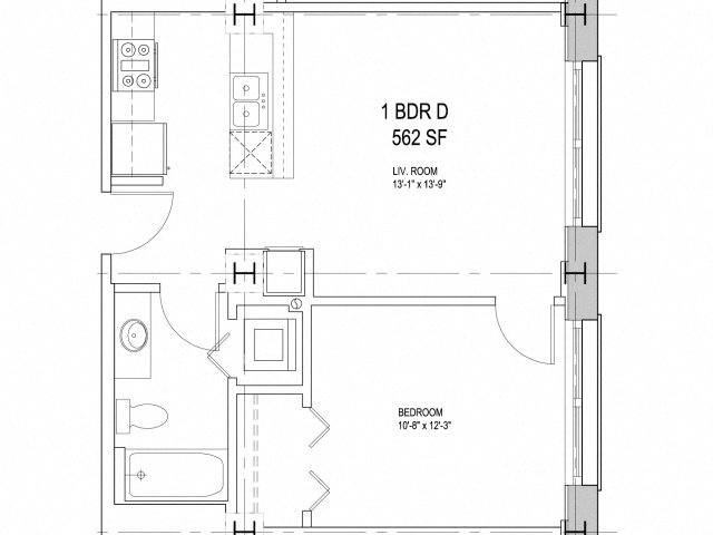 Floor plan for 1 bed, 1 bath, 804 sqft