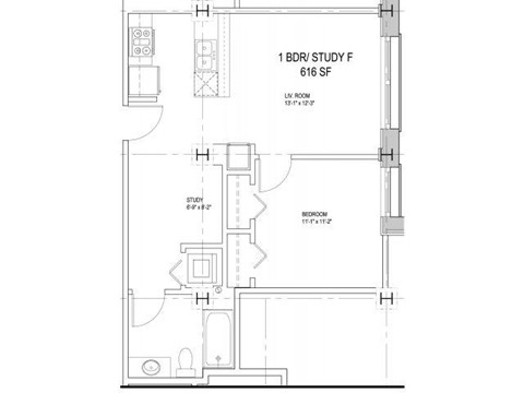 Floor plan for 1 bed, 1 bath, 620 sqft