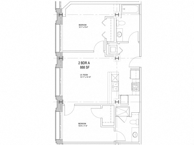 Floor plan for 2 beds, 2 baths, 888 sqft