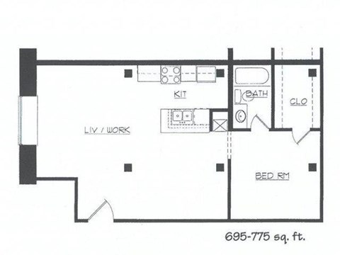 Floor plan for 1 bed, 1 bath, 890 sqft