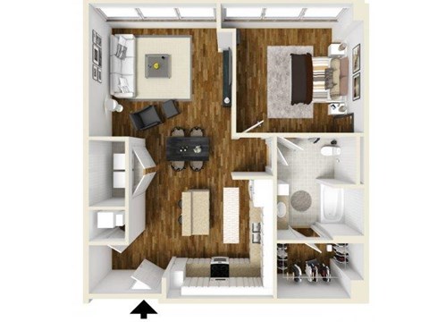 Floor plan for 1 bed, 1 bath, 938 sqft
