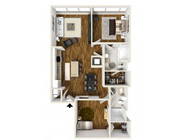 Floor plan for 2 beds, 2 baths, 1327 sqft