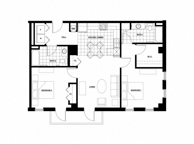 Floor plan for 2 beds, 2 baths, 1036 sqft