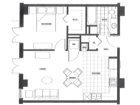 Floor plan for 1 bed, 1 bath, 669 sqft