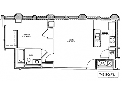 Floor plan for 1 bed, 1 bath, 704 sqft