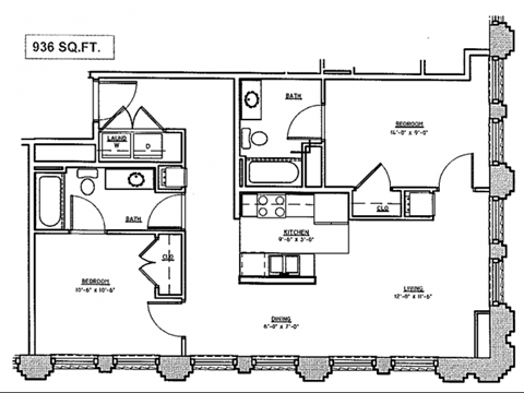 Floor plan for 2 beds, 2 baths, 886 sqft