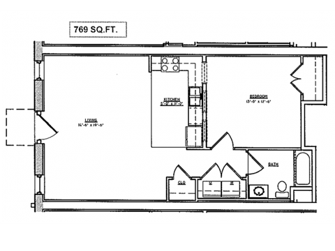 Floor plan for 1 bed, 1 bath, 769 sqft