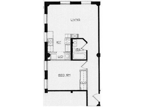 Floor plan for 1 bed, 1 bath, 730 sqft