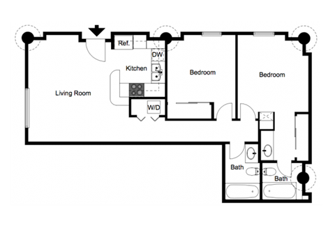 Floor plan for 2 beds, 2 baths, 883 sqft