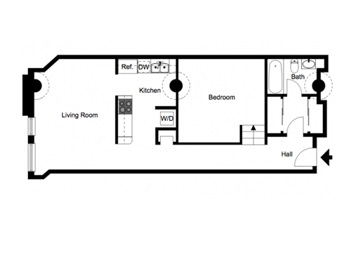 Floor plan for 1 bed, 1 bath, 565 sqft