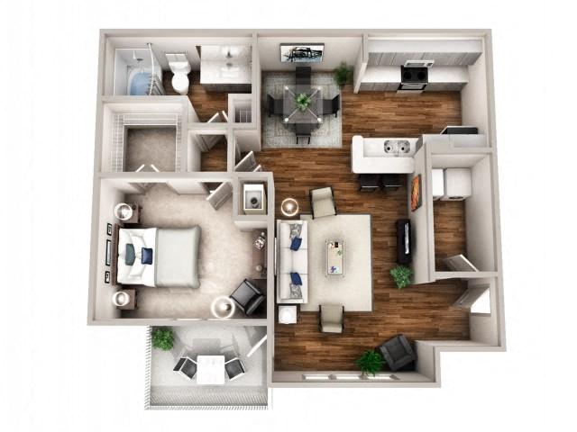Floor plan for 1 bed, 1 bath, 943 sqft