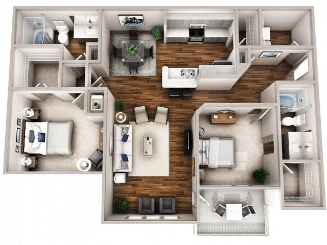 Floor plan for 2 beds, 2 baths, 1341 sqft