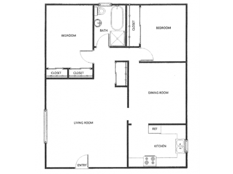 Floor plan for 2 beds, 1 bath, 820 sqft