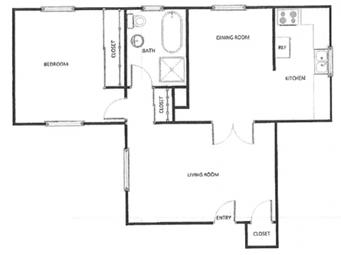 Floor plan for 1 bed, 1 bath, 720 sqft