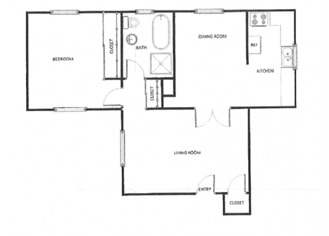Floor plan for 1 bed, 1 bath, 690 sqft